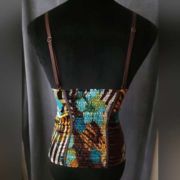 Teal/Aqua/Turquoise/Gold/Brown Corset Top With Straps - Picture 3 of 8